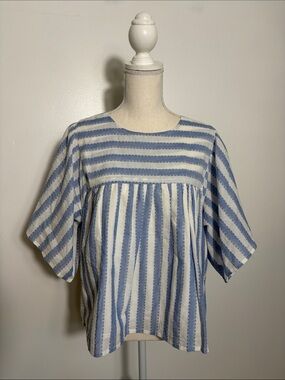 India Collection Blue & White Striped Women's Peasant Blouse Large